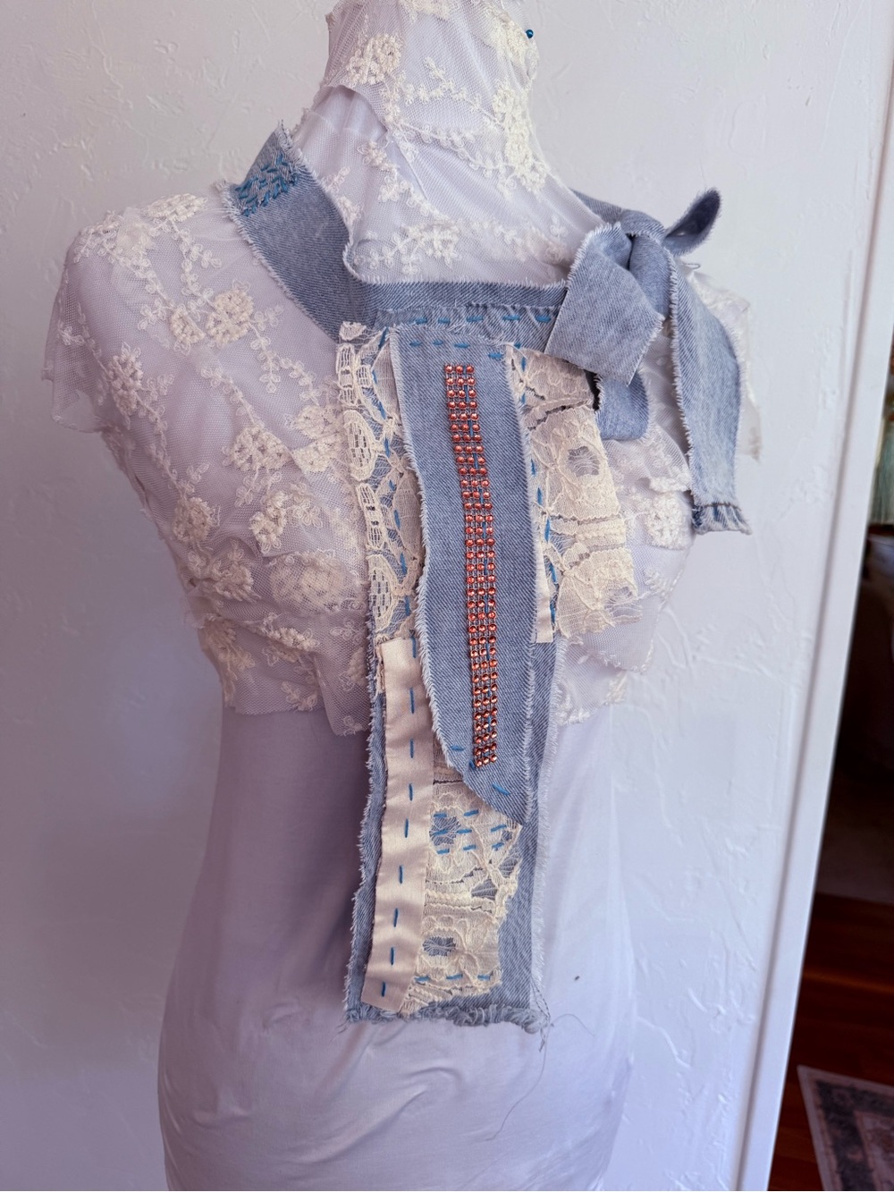 Hand Crafted Necktie Scarf Jabot Upcycled Denim Vintage Lace Artisan OS - Picture 9 of 9